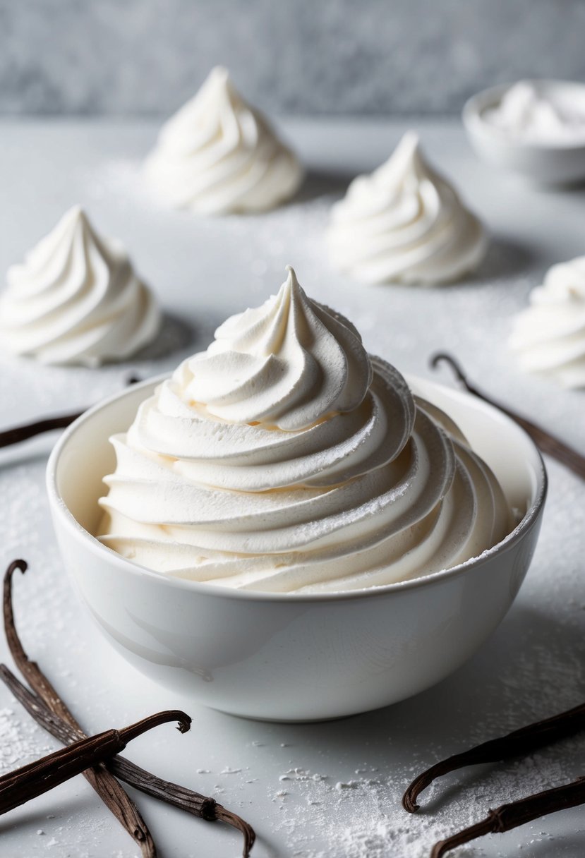 A pristine white bowl filled with whipped Swiss meringue buttercream, surrounded by scattered vanilla pods and a dusting of powdered sugar