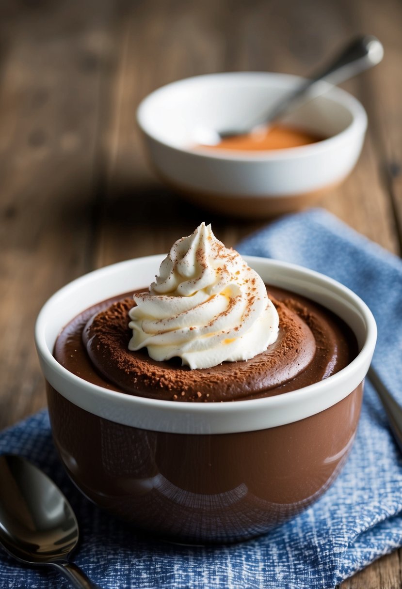 A bowl of rich, creamy chocolate pudding topped with a dollop of whipped cream and a sprinkle of cocoa powder