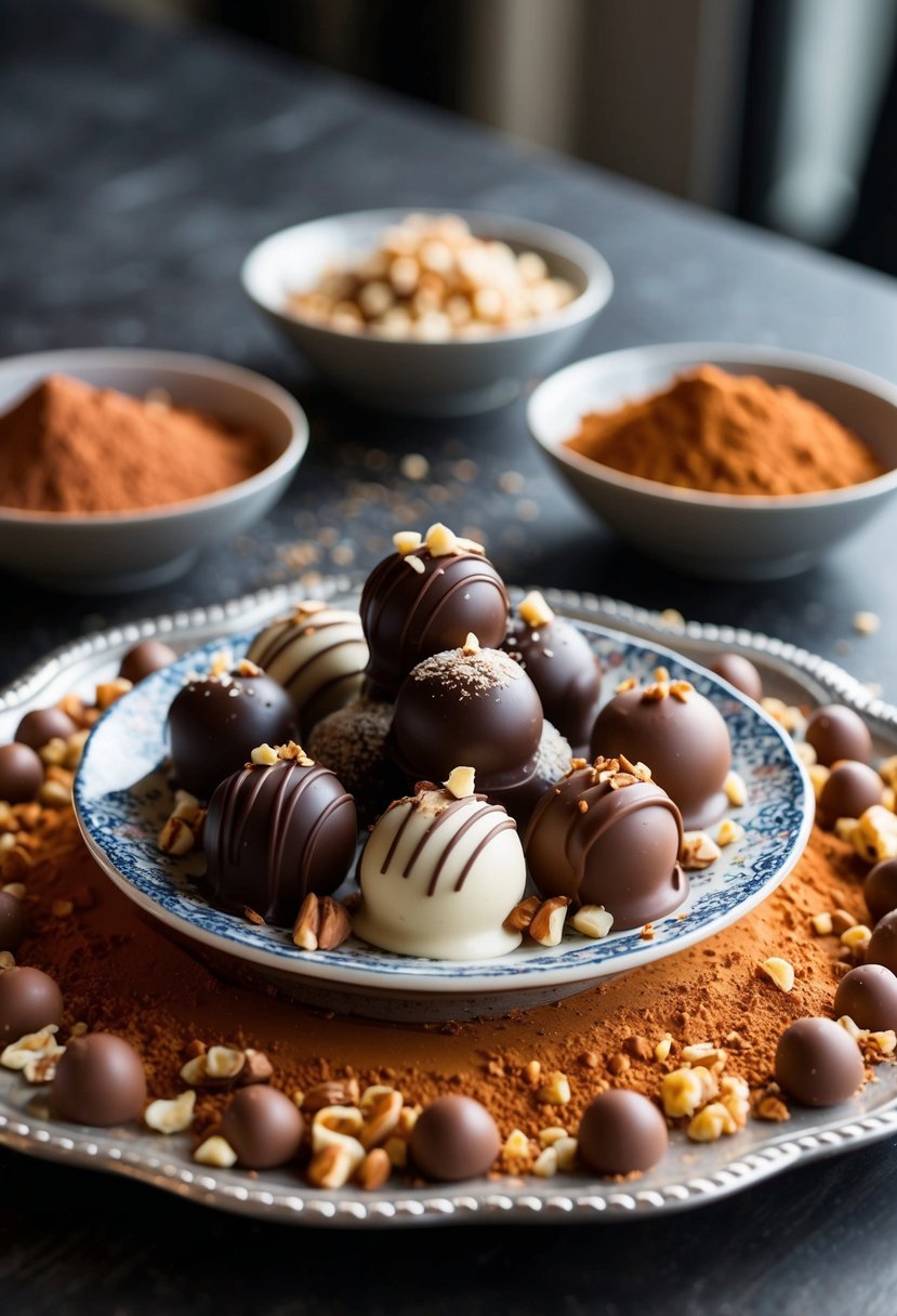 A table set with assorted chocolate truffles on a decorative platter, surrounded by cocoa powder, chopped nuts, and drizzled with melted chocolate