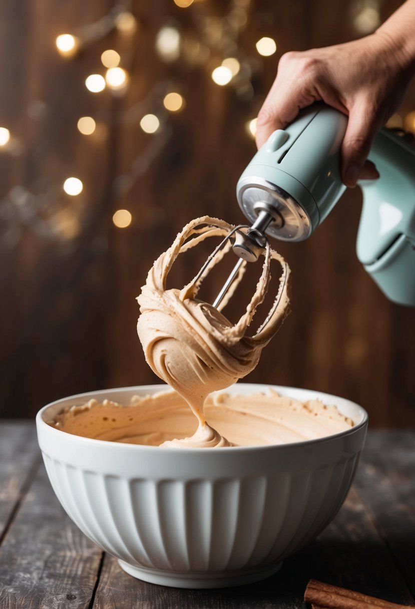 A bowl of spiced cinnamon cream frosting being whipped with a hand mixer