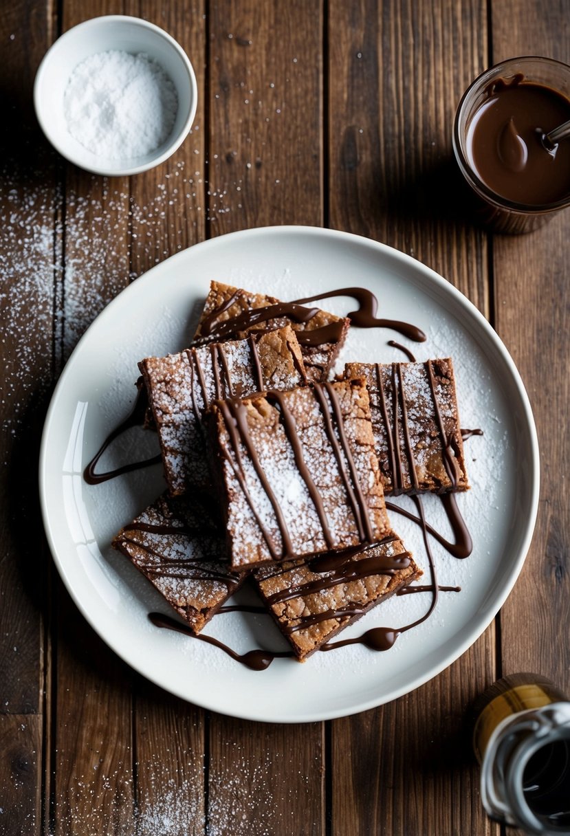 A plate of Brownie Brittle surrounded by chocolate drizzle and sprinkled with powdered sugar