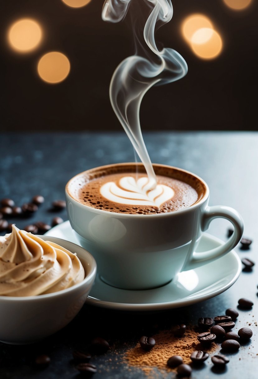 A steaming cup of mocha espresso sits next to a bowl of creamy frosting, with scattered coffee beans and cocoa powder as decoration