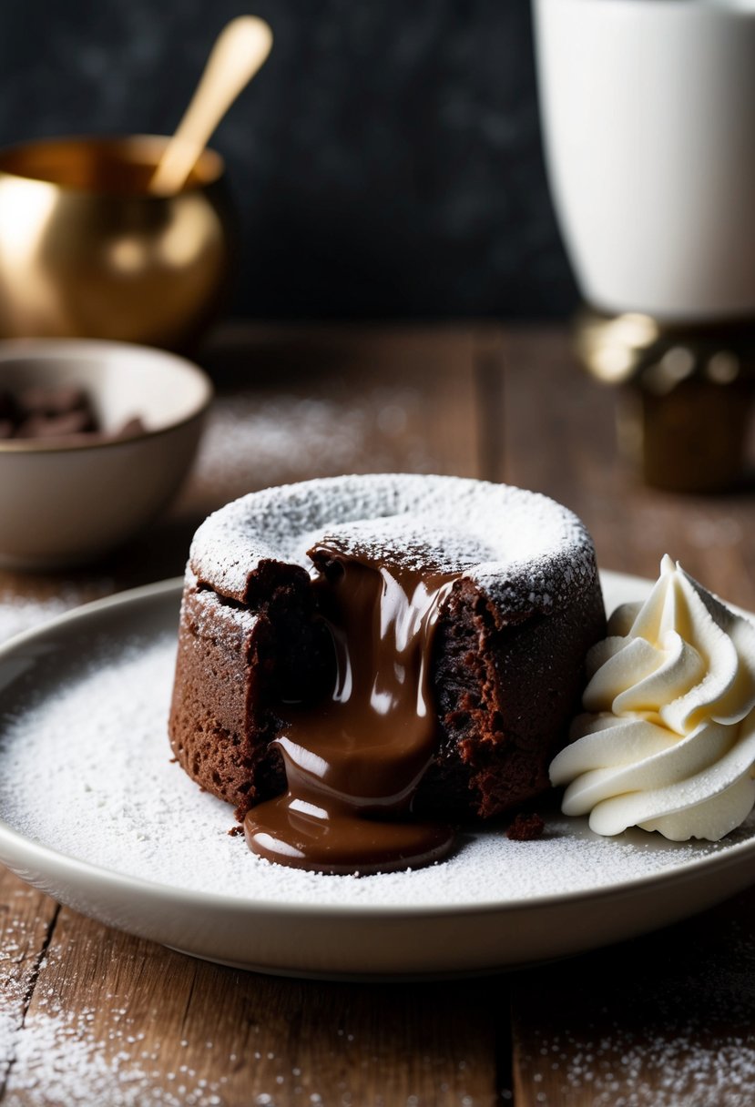 A decadent chocolate lava cake oozing with molten chocolate, surrounded by a dusting of powdered sugar and a dollop of whipped cream on the side