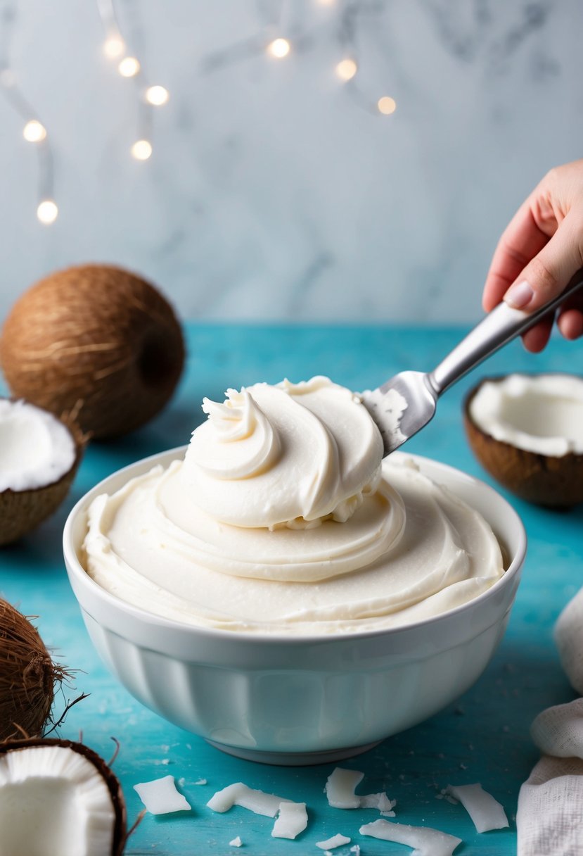 A bowl of fluffy white coconut cream frosting being delicately spread onto a cake with a spatula. Coconut flakes and a fresh coconut sit nearby