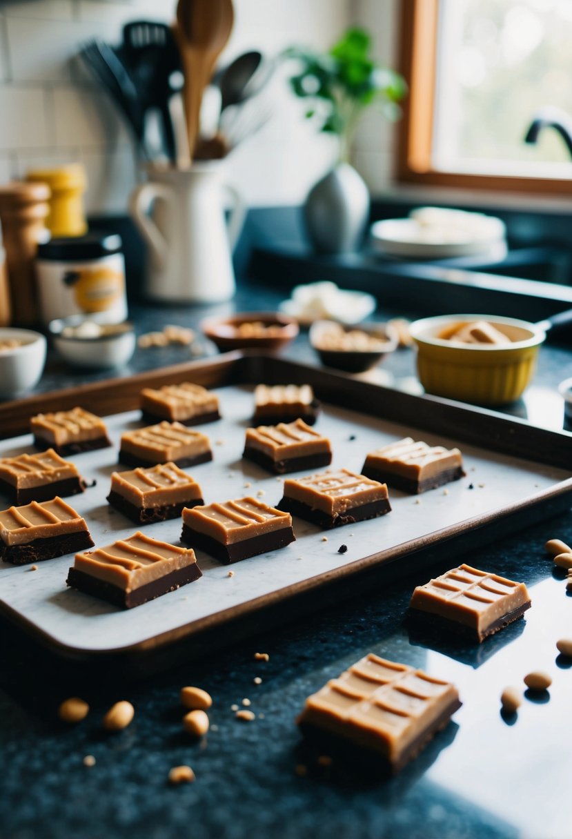 A kitchen countertop with a tray of peanut butter chocolate bars surrounded by scattered ingredients and utensils