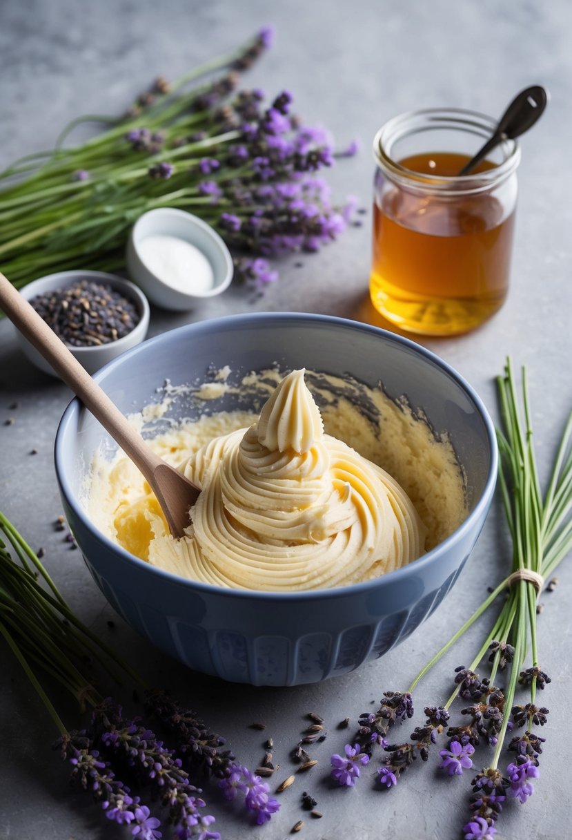 A mixing bowl with ingredients for honey lavender frosting, surrounded by fresh lavender sprigs and a jar of honey