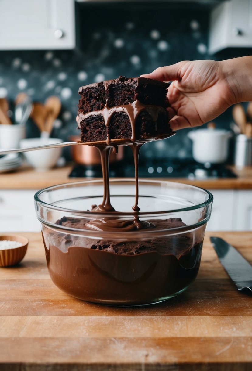 A decadent chocolate cake being mixed and baked in a kitchen