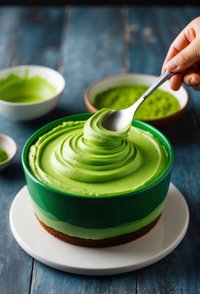 A vibrant green bowl of matcha green tea frosting being smoothly spread onto a freshly baked cake