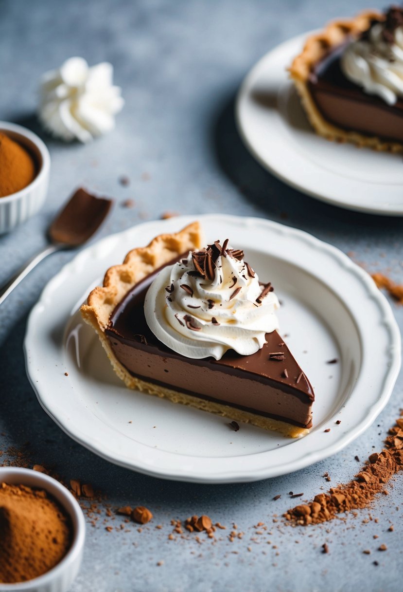 A chocolate cream pie sits on a white ceramic plate, garnished with whipped cream and chocolate shavings, surrounded by scattered cocoa powder