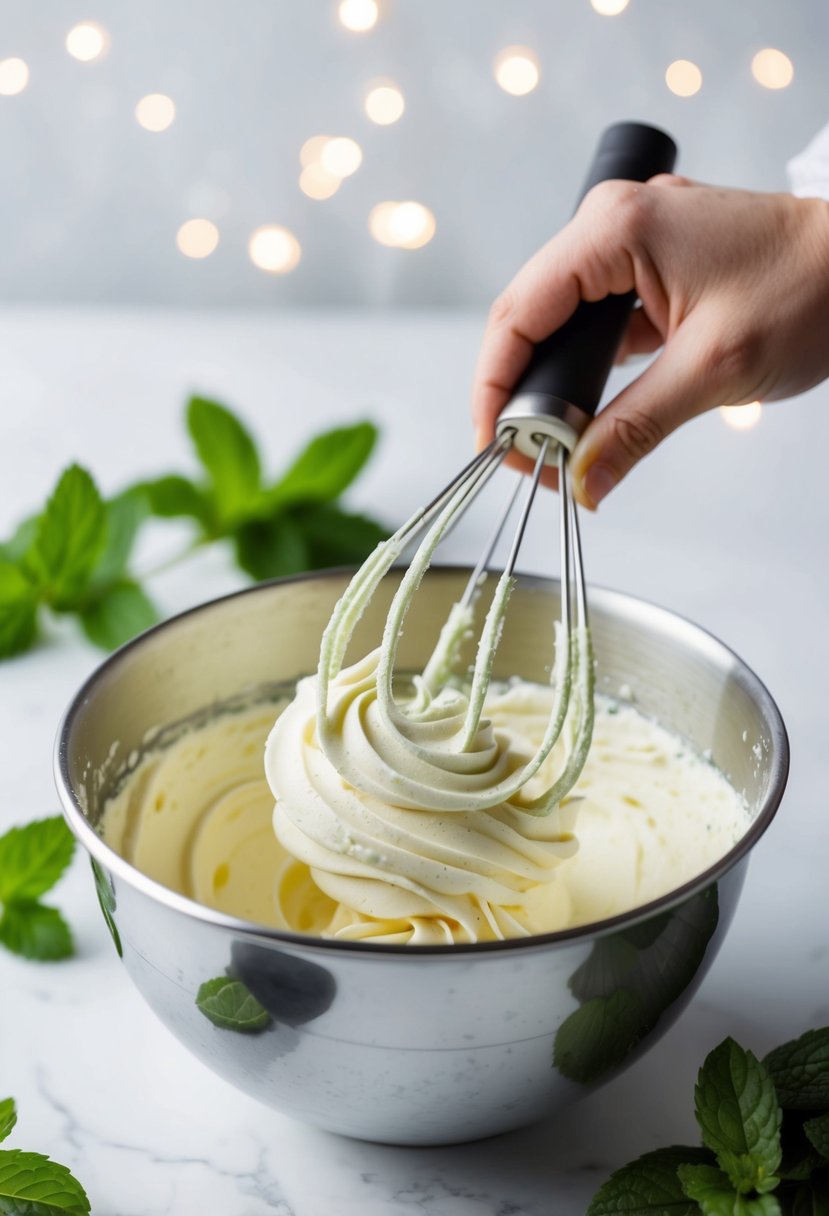 A mixing bowl with fresh mint leaves and buttercream frosting being whipped together