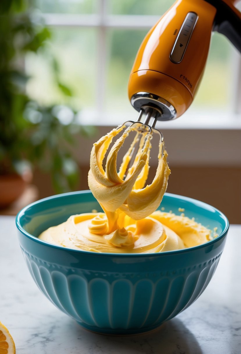 A bowl of creamy orange zest frosting being whipped with a hand mixer