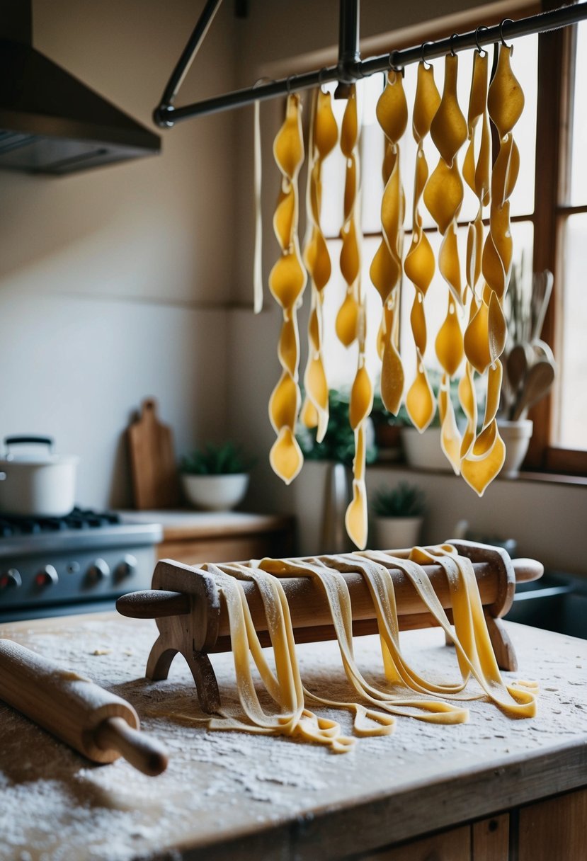 A rustic kitchen with flour-dusted countertops, a rolling pin, and various pasta shapes drying on a wooden rack