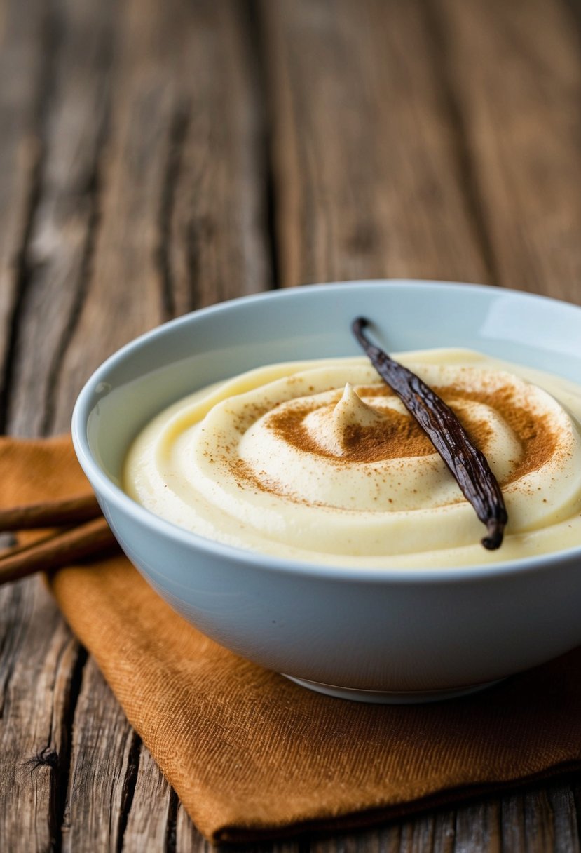 A bowl of creamy vanilla pudding sits on a wooden table, garnished with a sprinkle of cinnamon and a vanilla bean pod