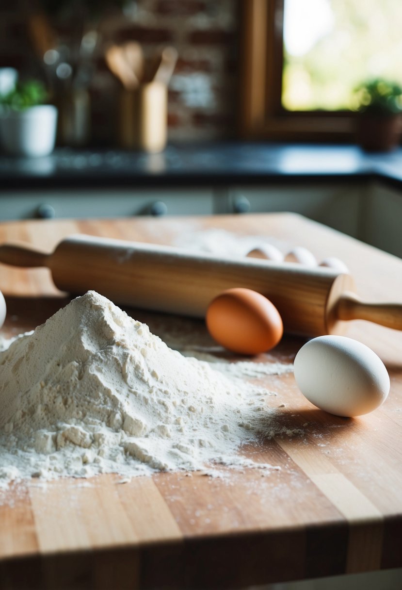 A wooden countertop with flour, eggs, and a rolling pin