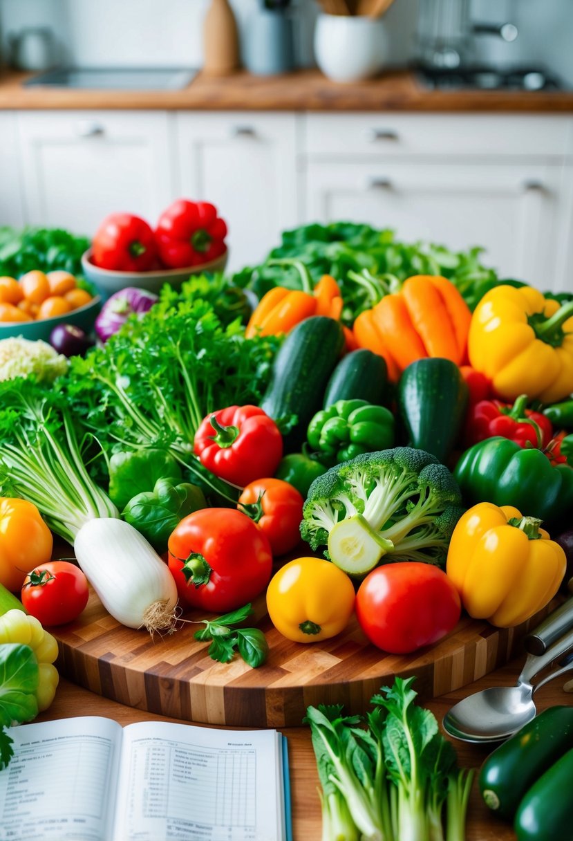 A colorful array of fresh vegetables arranged on a wooden cutting board, surrounded by kitchen utensils and a recipe book