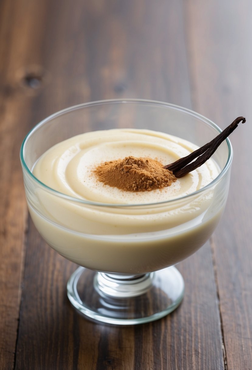 A clear glass bowl filled with smooth vanilla pudding, topped with a sprinkle of ground cinnamon, and a vanilla bean resting on the side