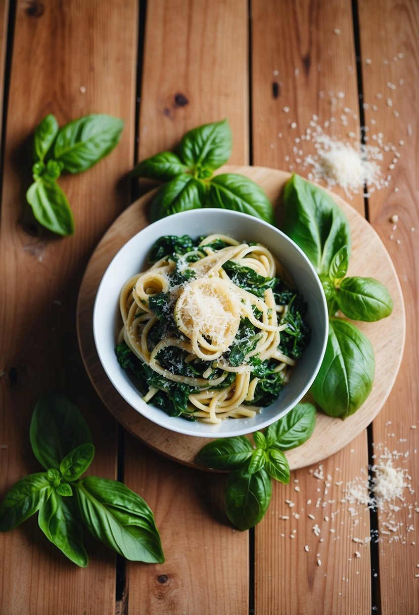 A wooden table with a bowl of spinach basil pasta, surrounded by fresh basil leaves and a sprinkle of parmesan cheese