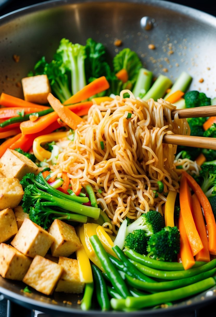 A colorful array of fresh vegetables, tofu, and rice noodles stir-fried in a wok with a savory sauce