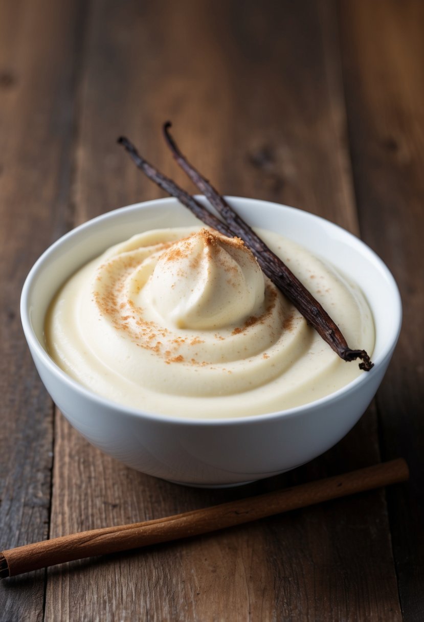 A bowl of rich and creamy vanilla custard sits on a wooden table, garnished with a sprinkle of cinnamon and a fresh vanilla bean