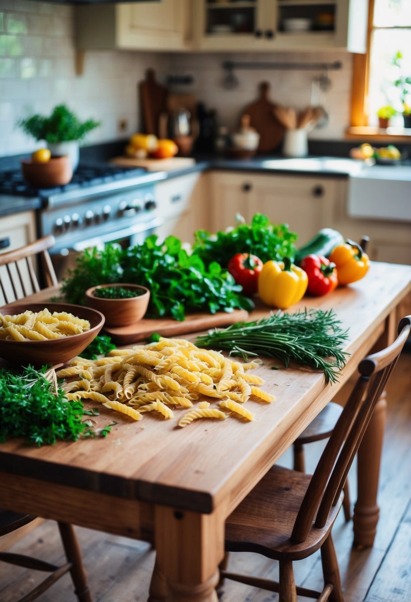 A rustic kitchen with a wooden table spread with whole wheat pasta, fresh herbs, and colorful vegetables