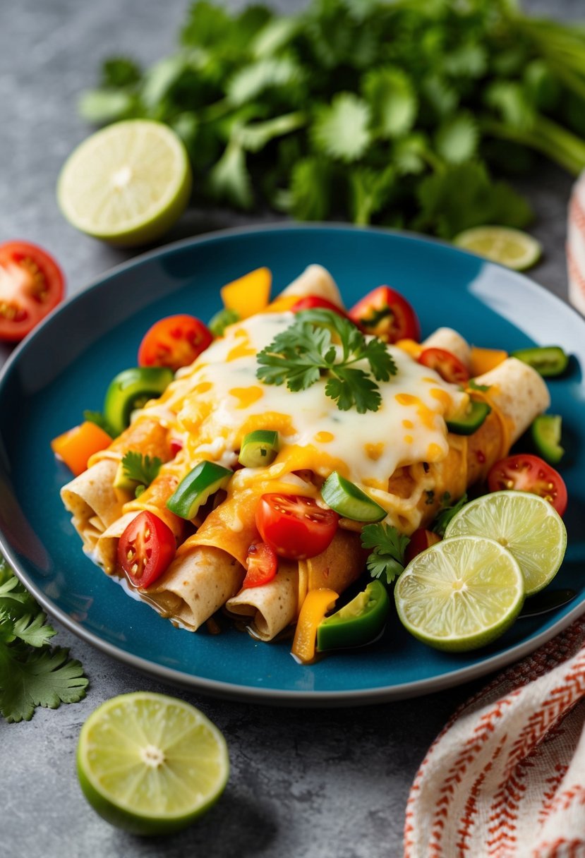 A steaming plate of enchilada pasta with colorful bell peppers, tomatoes, and melted cheese on top, surrounded by fresh cilantro and lime wedges