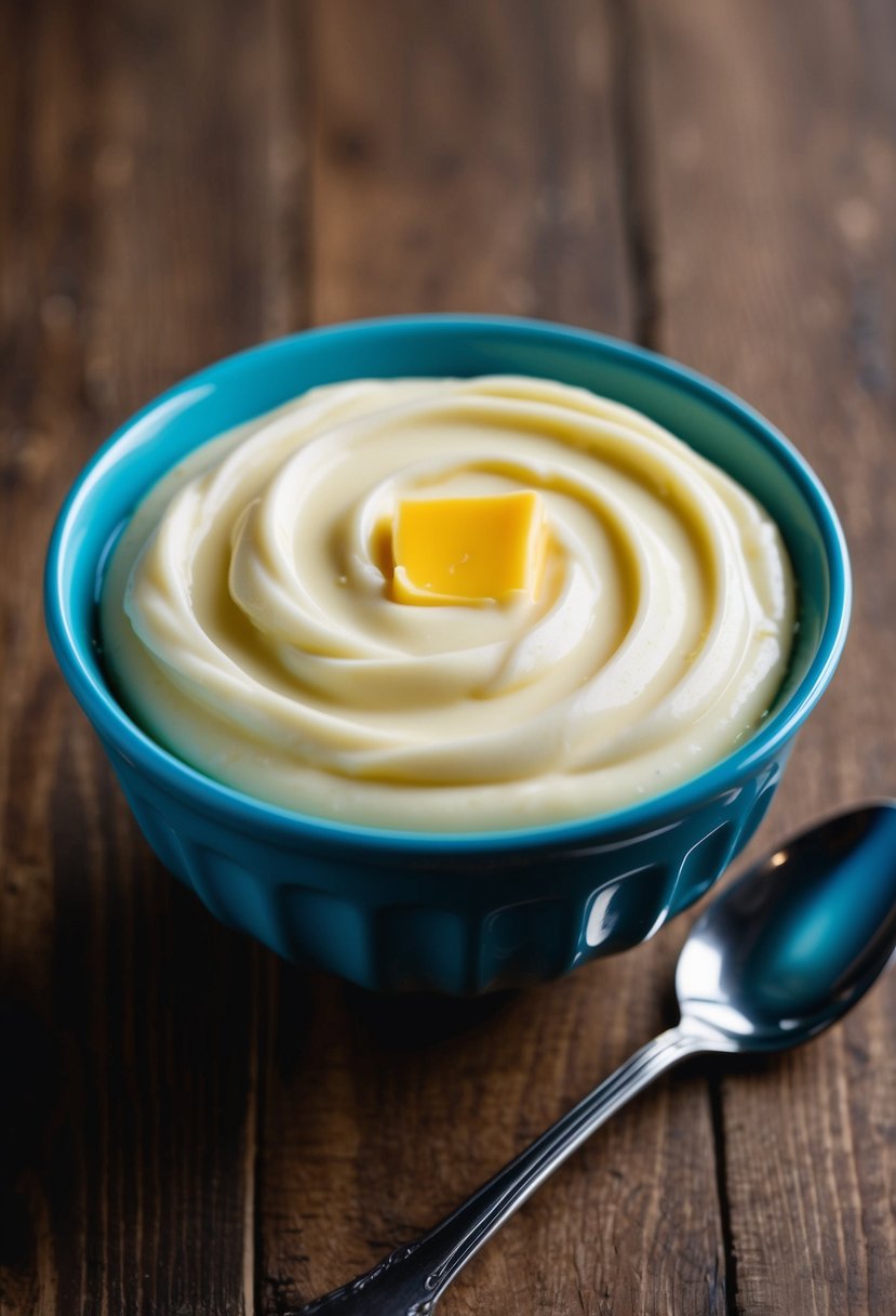 A bowl of creamy vanilla pudding with a swirl of butter on top, placed on a wooden table with a spoon beside it