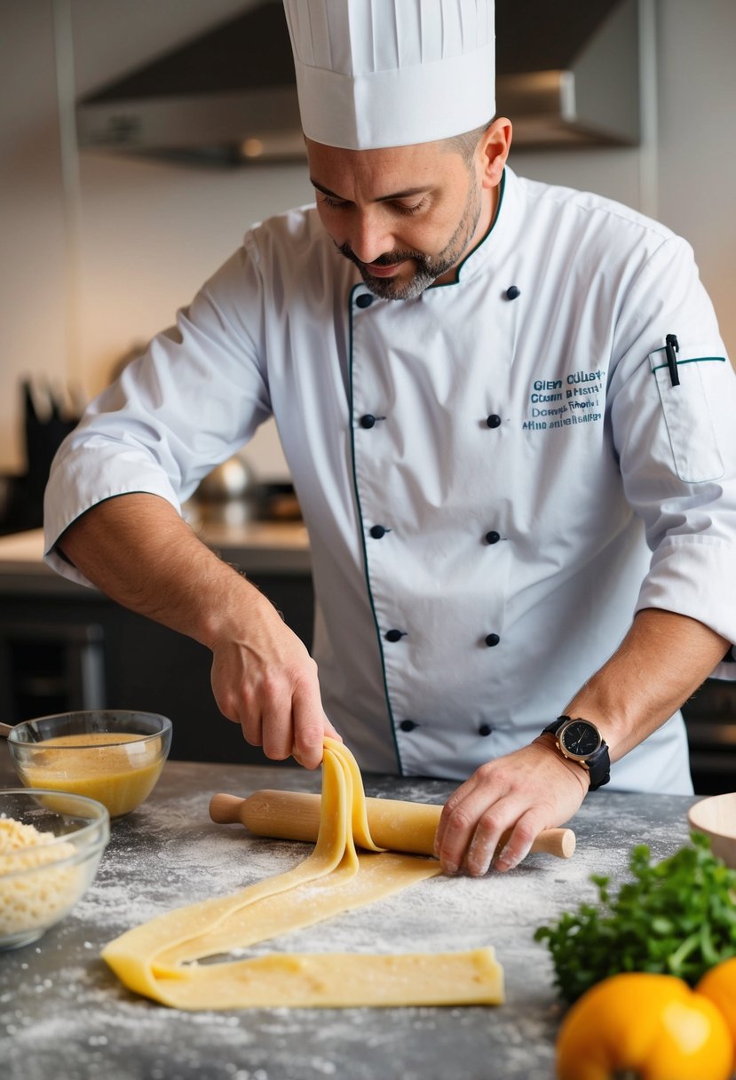 A chef prepares gluten-free pasta from scratch, mixing ingredients and rolling out dough on a floured surface