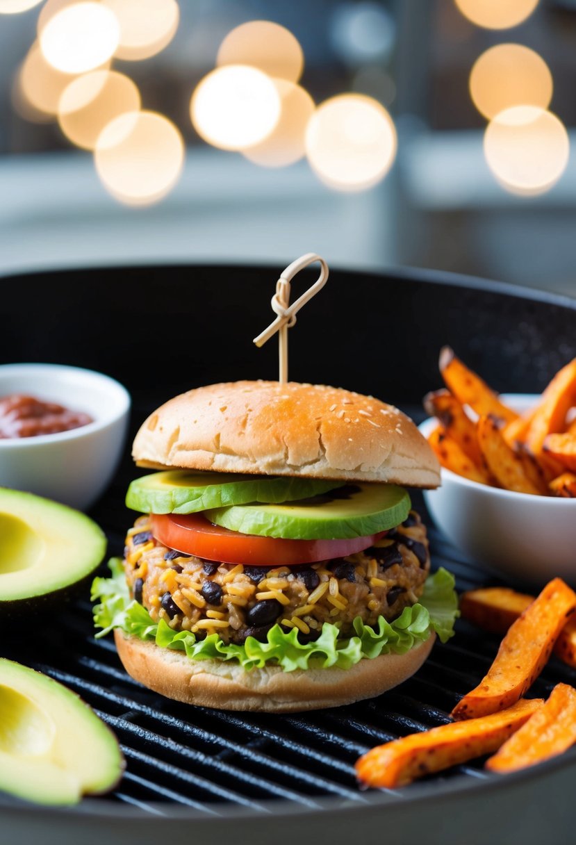 A sizzling black bean rice burger on a grill, surrounded by fresh lettuce, tomato, and avocado slices, with a side of crispy sweet potato fries