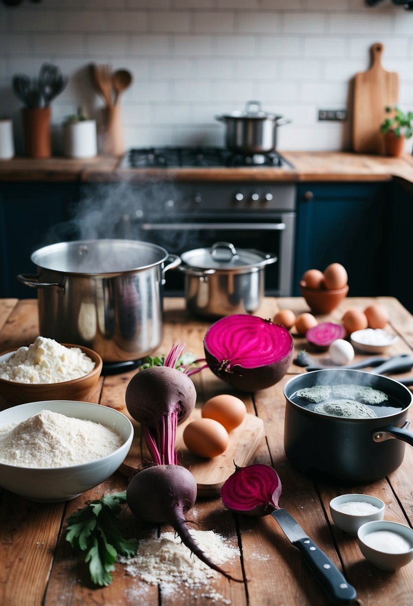 A rustic kitchen with fresh beetroot, flour, and eggs on a wooden table, surrounded by cooking utensils and a pot of boiling water