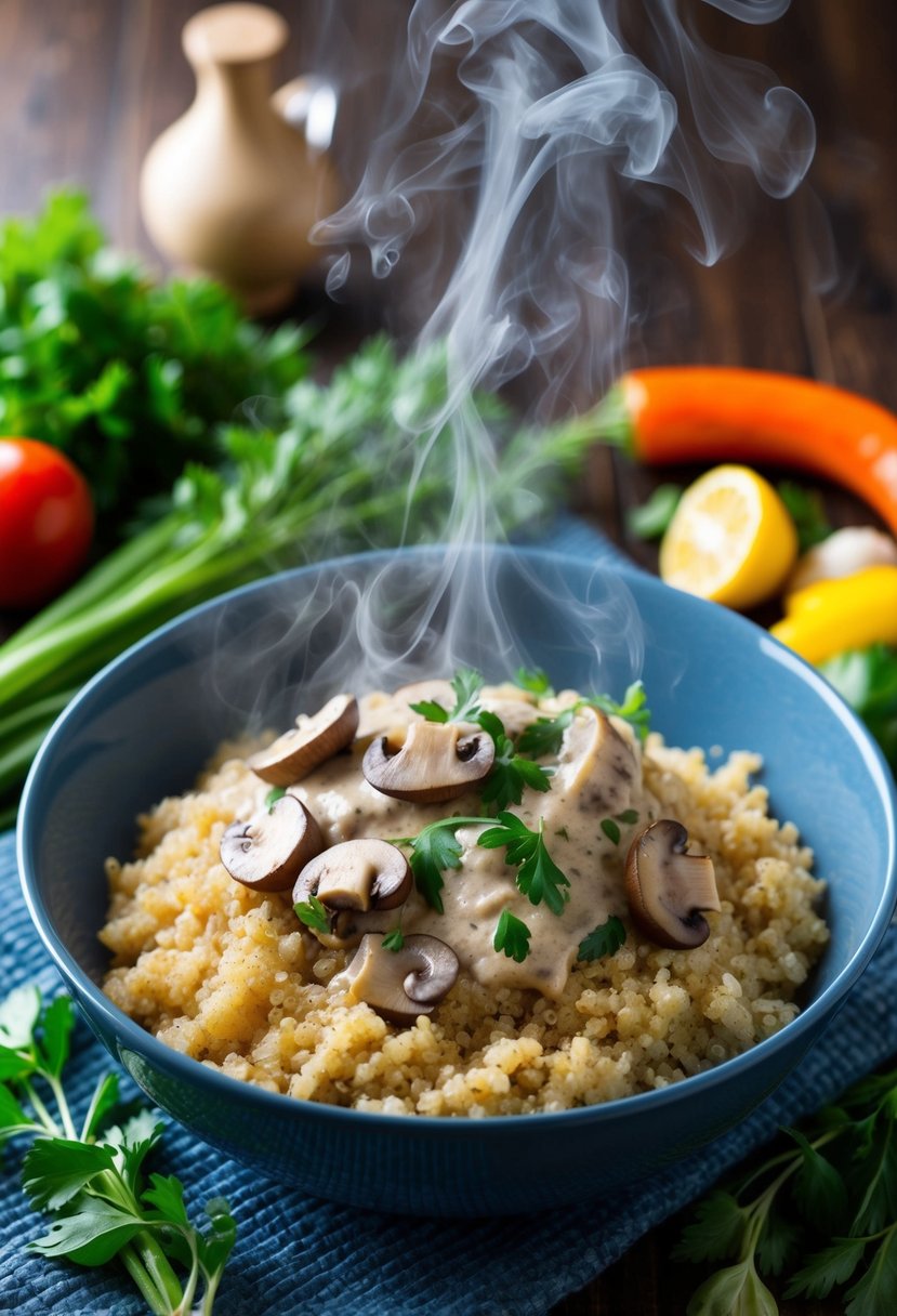 A steaming bowl of mushroom stroganoff sits atop a bed of fluffy quinoa, surrounded by fresh herbs and colorful vegetables