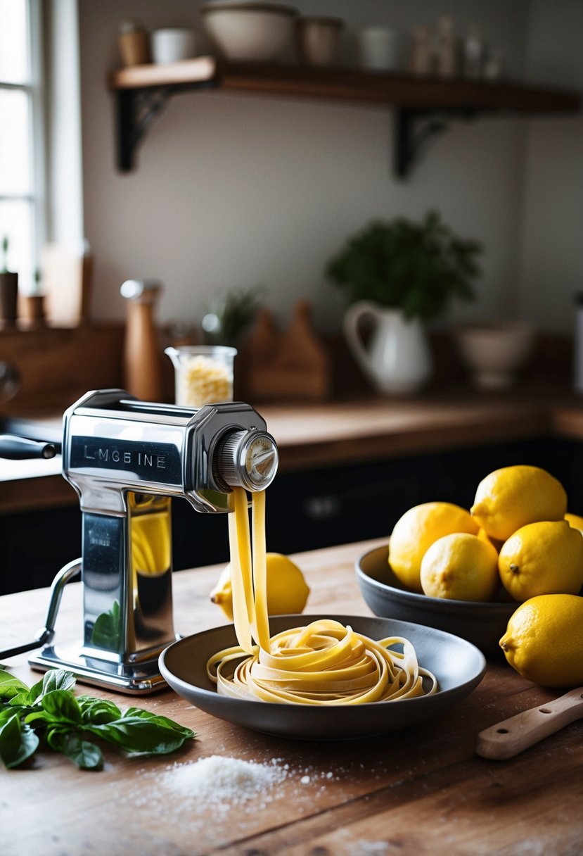 A rustic kitchen with fresh lemons, a pasta machine, and ingredients for homemade linguine