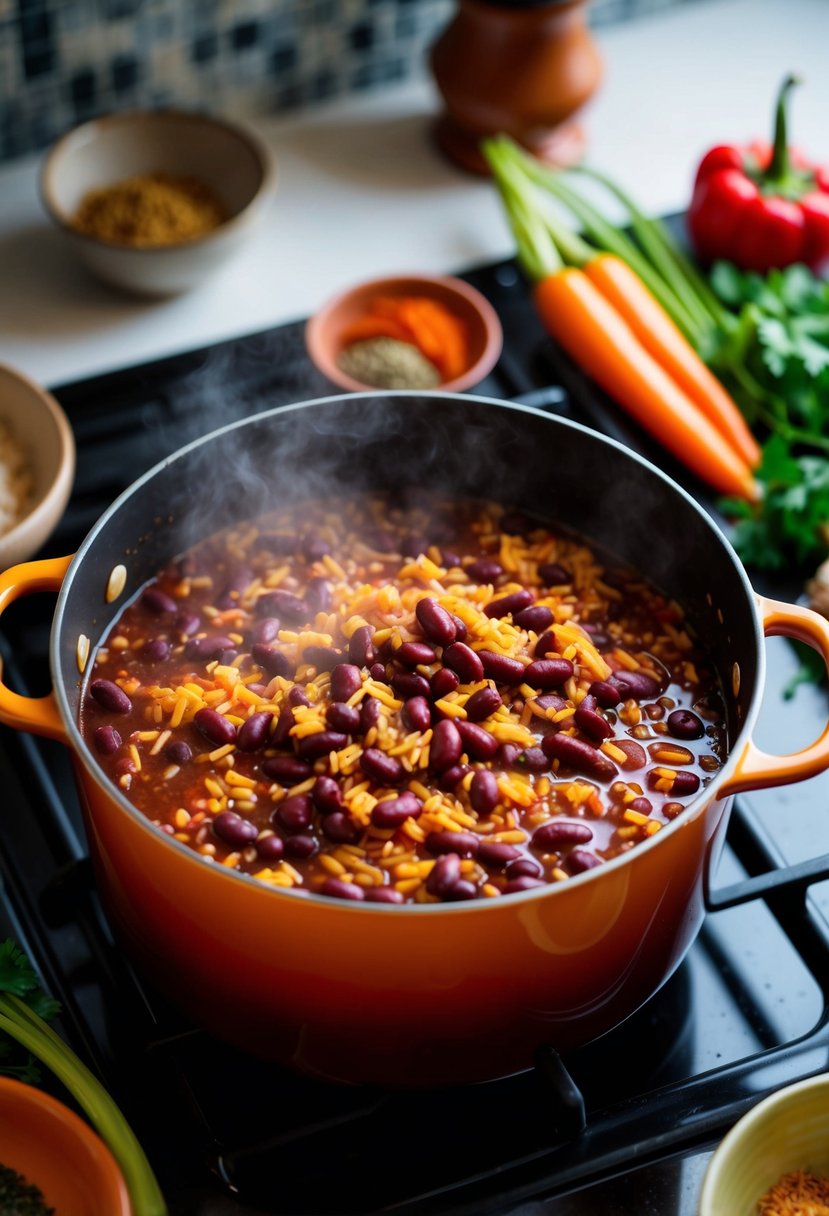 A steaming pot of red beans and rice simmering on a stovetop, surrounded by colorful vegetables and aromatic spices