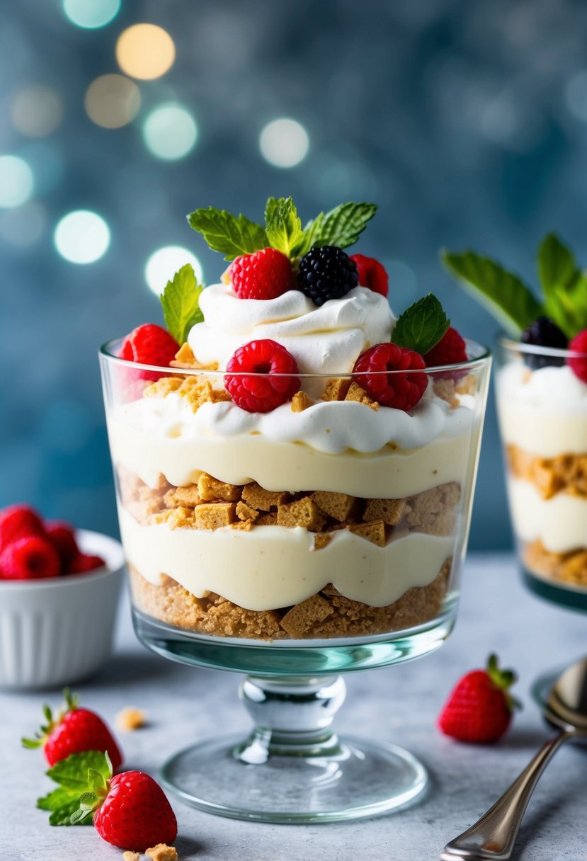 A glass dish filled with layers of vanilla pudding, graham cracker crumbs, and whipped cream, garnished with fresh berries and mint leaves