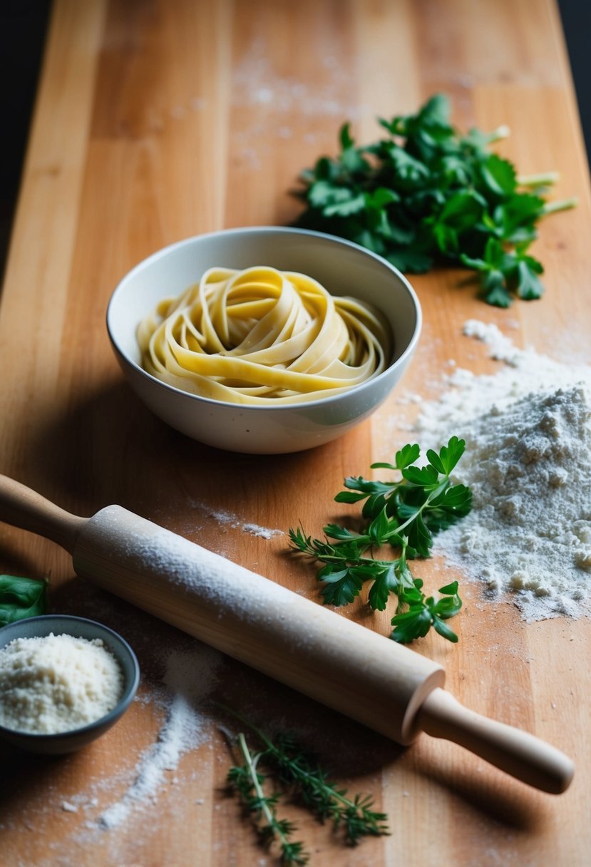 A wooden kitchen counter with a rolling pin, flour, and fresh herbs scattered around. A bowl of garlic herb fettuccine dough