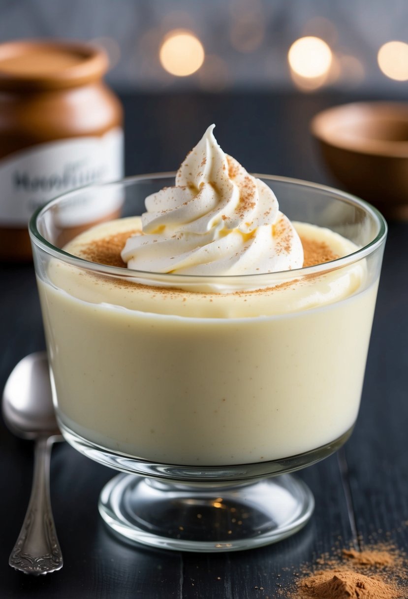 A clear glass bowl filled with smooth vanilla pudding, topped with a dollop of whipped cream and a sprinkle of cinnamon