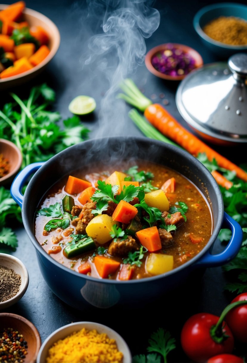 A steaming pot of Moroccan stew surrounded by vibrant vegetables and fragrant spices