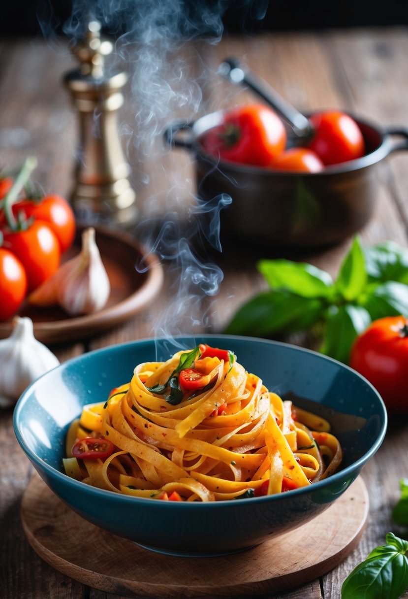 A steaming bowl of spicy chili pepper tagliatelle sits on a rustic wooden table, surrounded by fresh ingredients like tomatoes, garlic, and basil