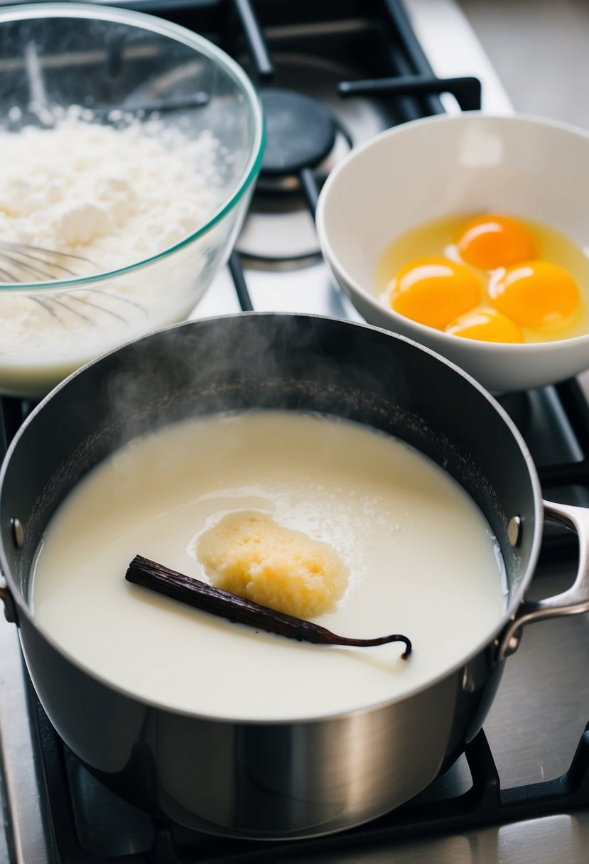 A pot on a stove with simmering milk, sugar, and vanilla bean. A separate bowl with whisked egg yolks and cornstarch