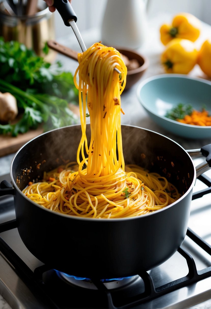 A pot of saffron-infused spaghetti cooking on a stovetop, surrounded by fresh ingredients and cooking utensils