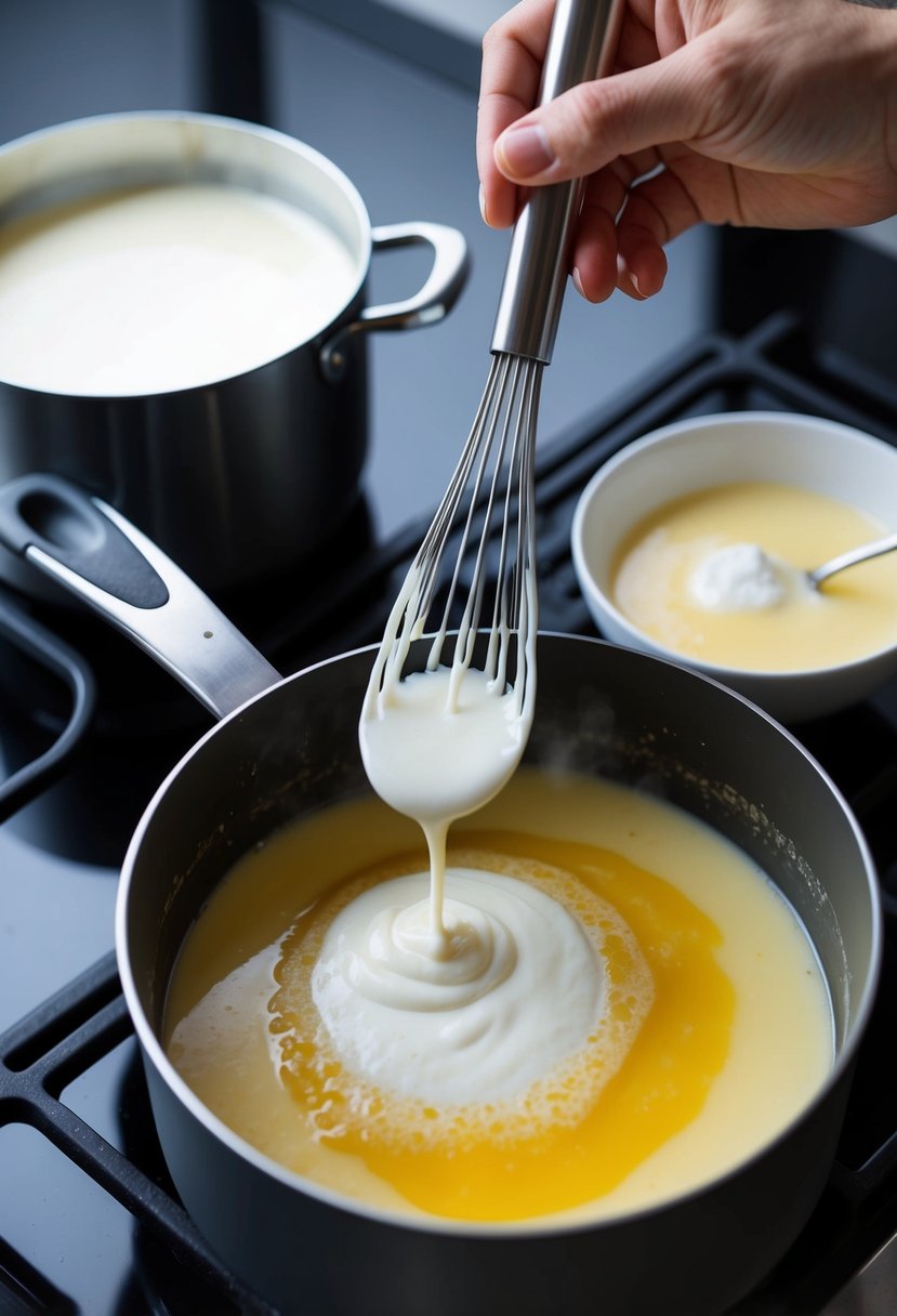 A pot on a stove with simmering milk, sugar, and vanilla. A whisk stirs in cornstarch until thickened. The pudding is poured into serving dishes