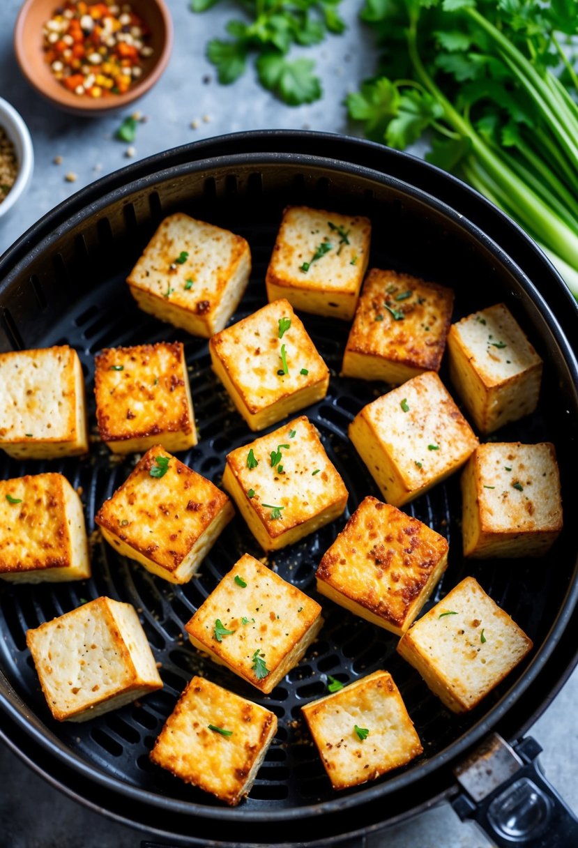 Crispy tofu cubes sizzling in an air-fryer basket, surrounded by a variety of fresh vegetables and seasonings