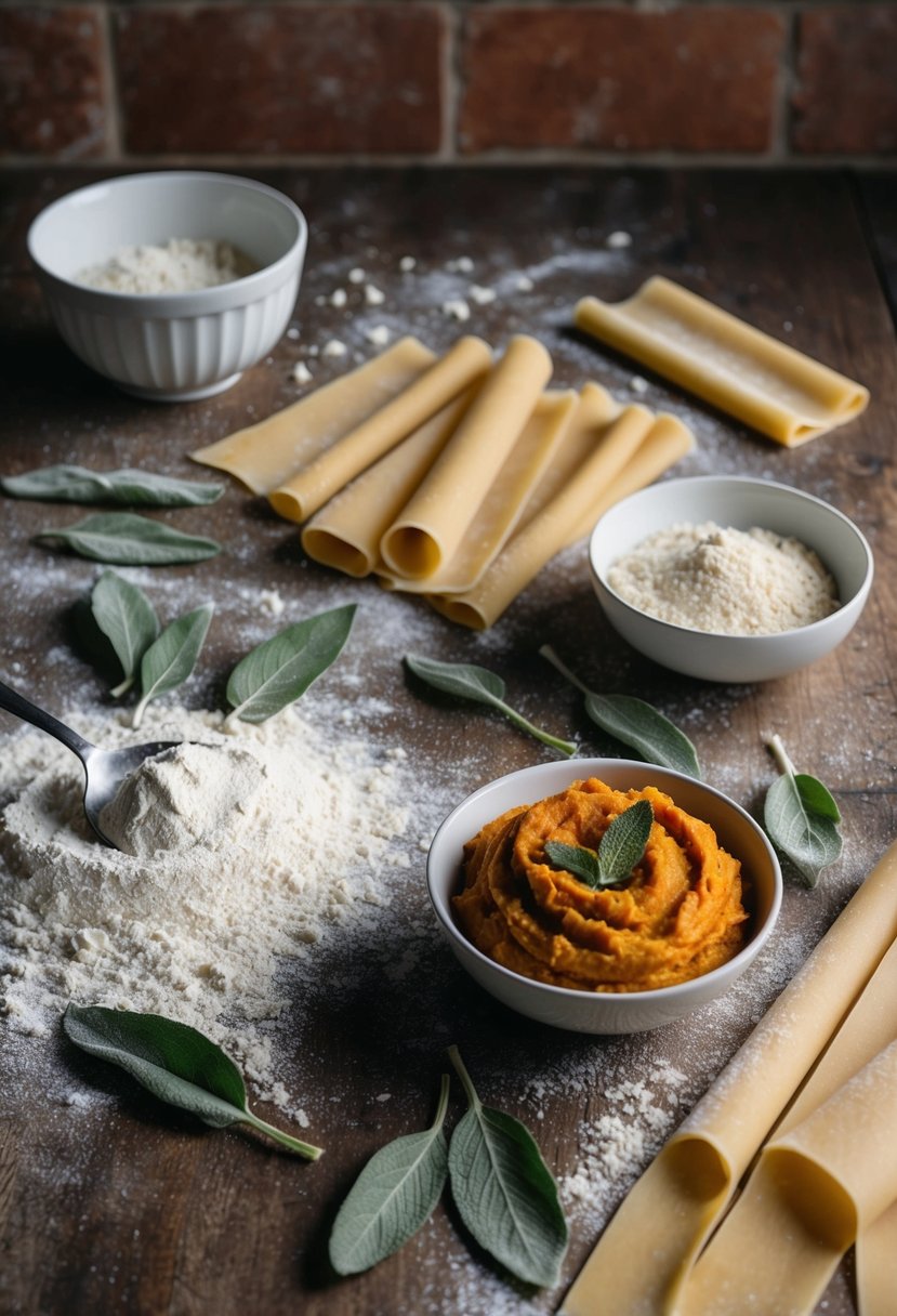 A rustic kitchen counter with scattered flour, fresh sage leaves, and a bowl of pumpkin filling, surrounded by rolled out pasta sheets