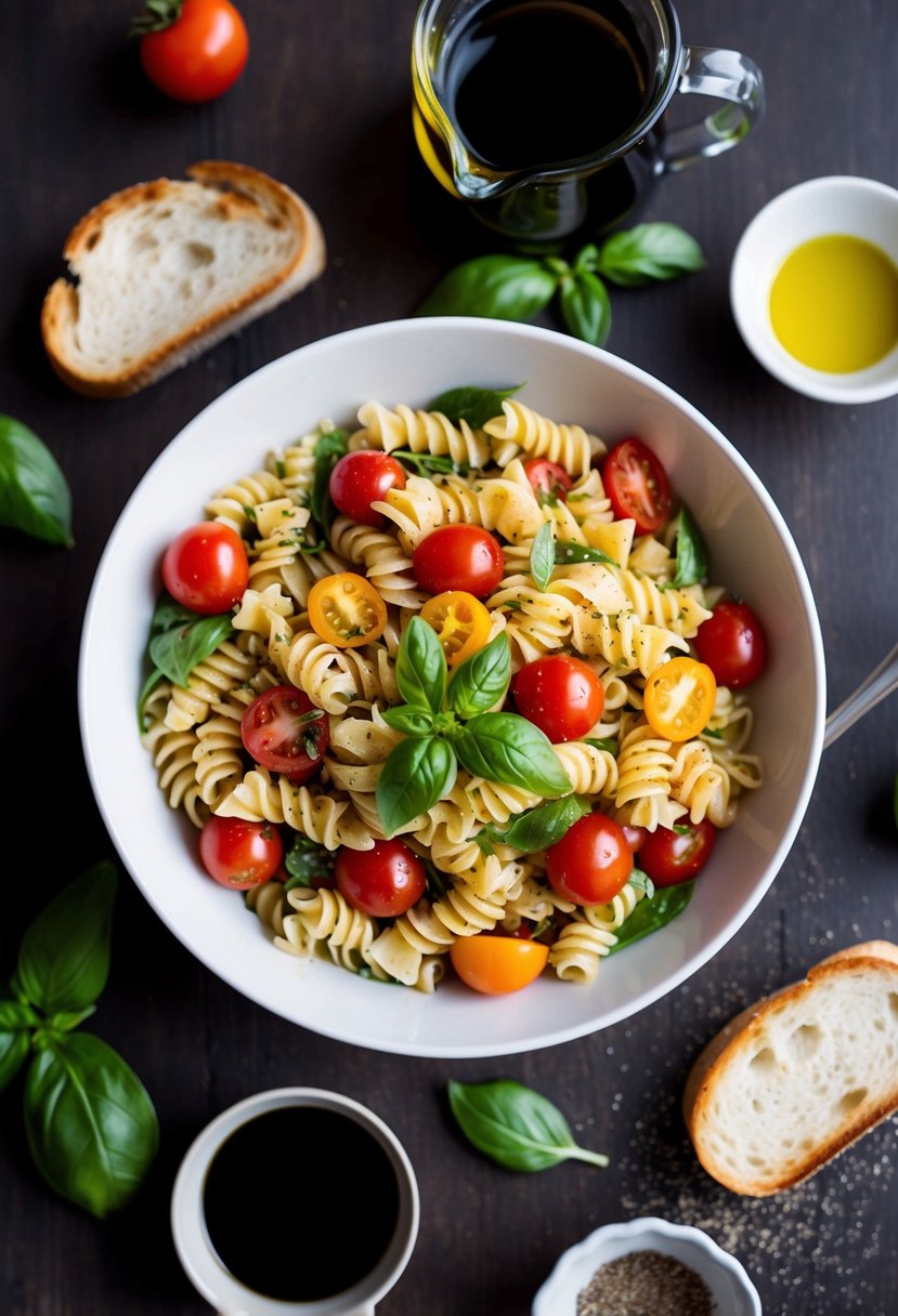 A bowl of colorful pasta salad with cherry tomatoes, basil, and toasted bread, surrounded by fresh ingredients like olive oil and balsamic vinegar