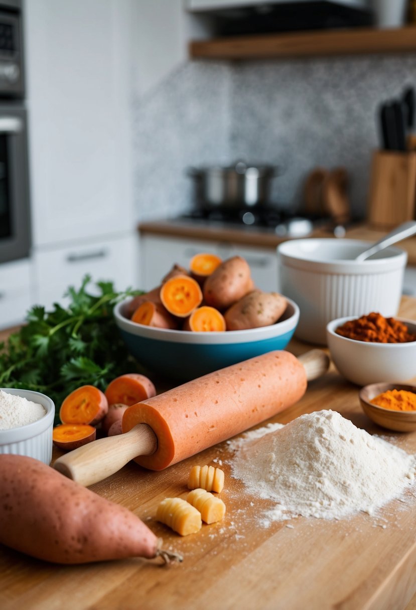 A kitchen counter with various ingredients and utensils, including sweet potatoes, flour, and a rolling pin, ready to make sweet potato gnocchi