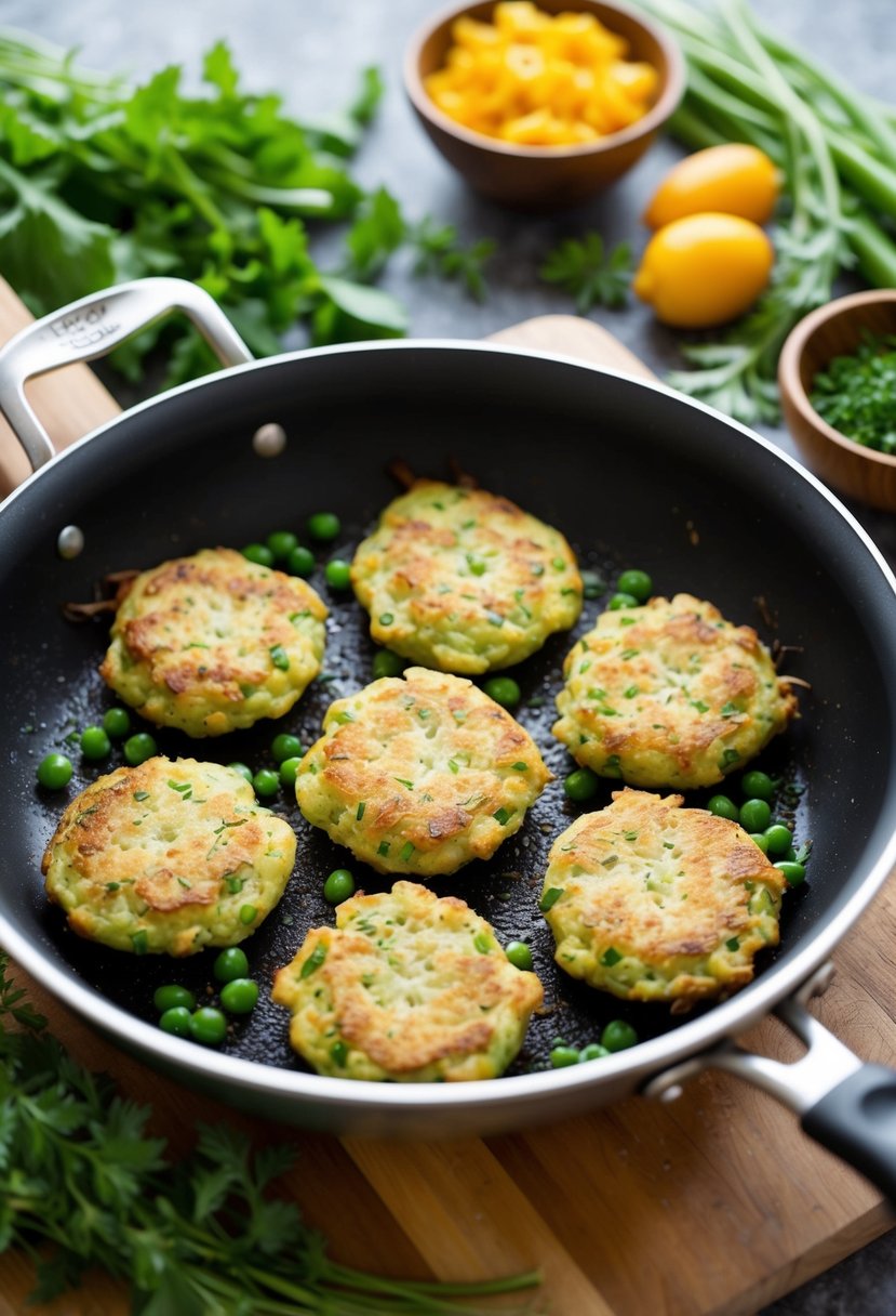 A sizzling pan of golden-brown crispy pea fritters surrounded by fresh herbs and vegetables