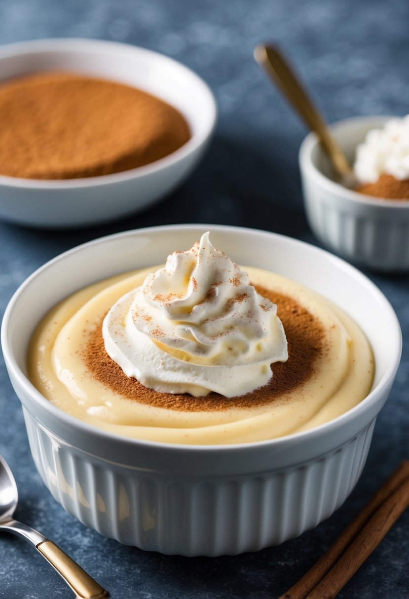 A bowl of creamy vanilla pudding topped with a sprinkle of cinnamon and served with a dollop of whipped cream