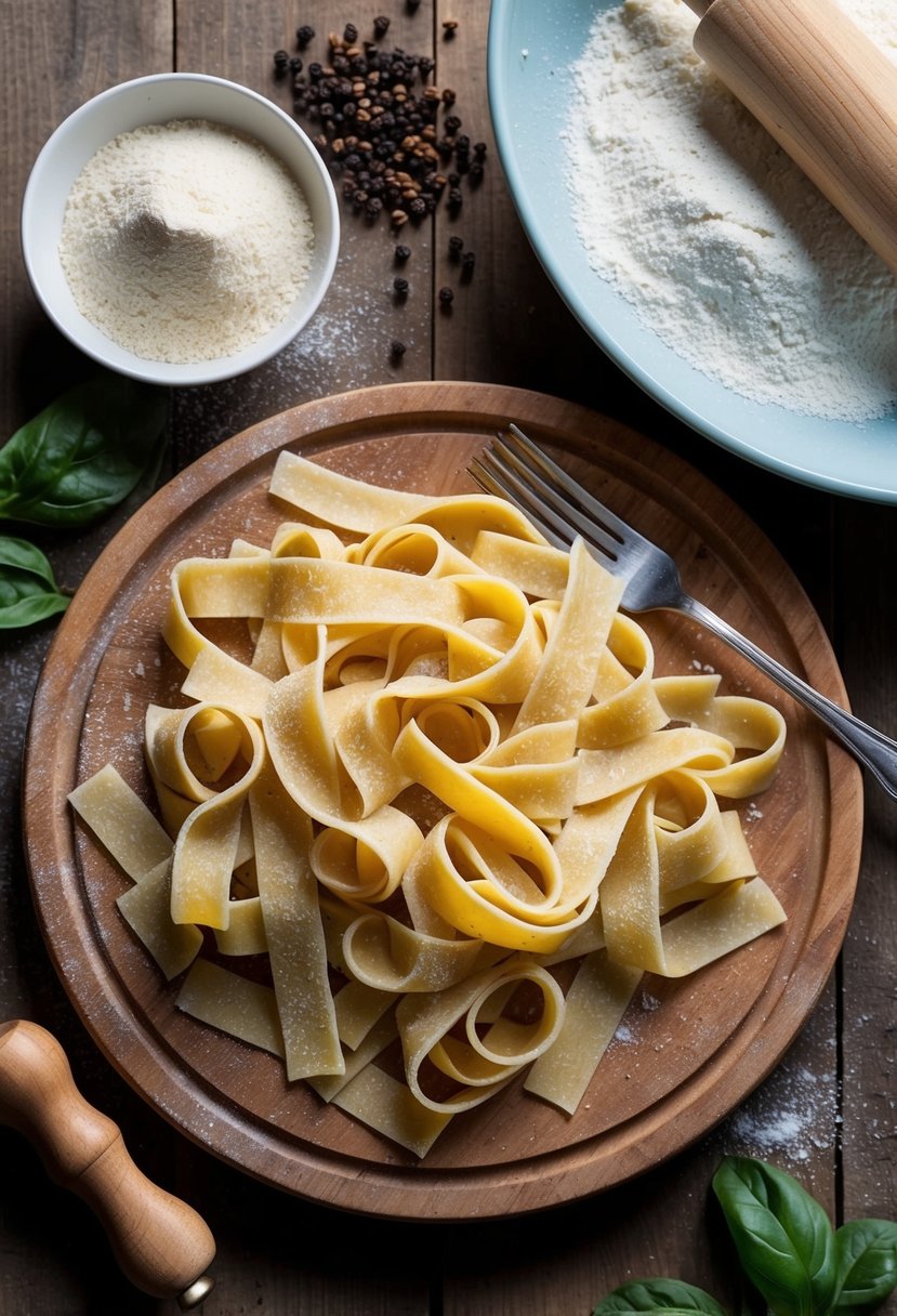 A rustic wooden table with a rolling pin and flour, surrounded by fresh black pepper and pappardelle pasta