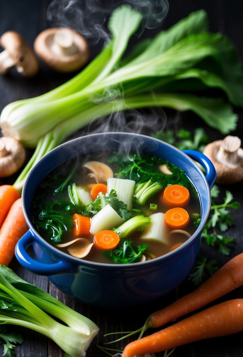 A steaming pot of Chinese vegetable soup surrounded by fresh ingredients like bok choy, carrots, and mushrooms