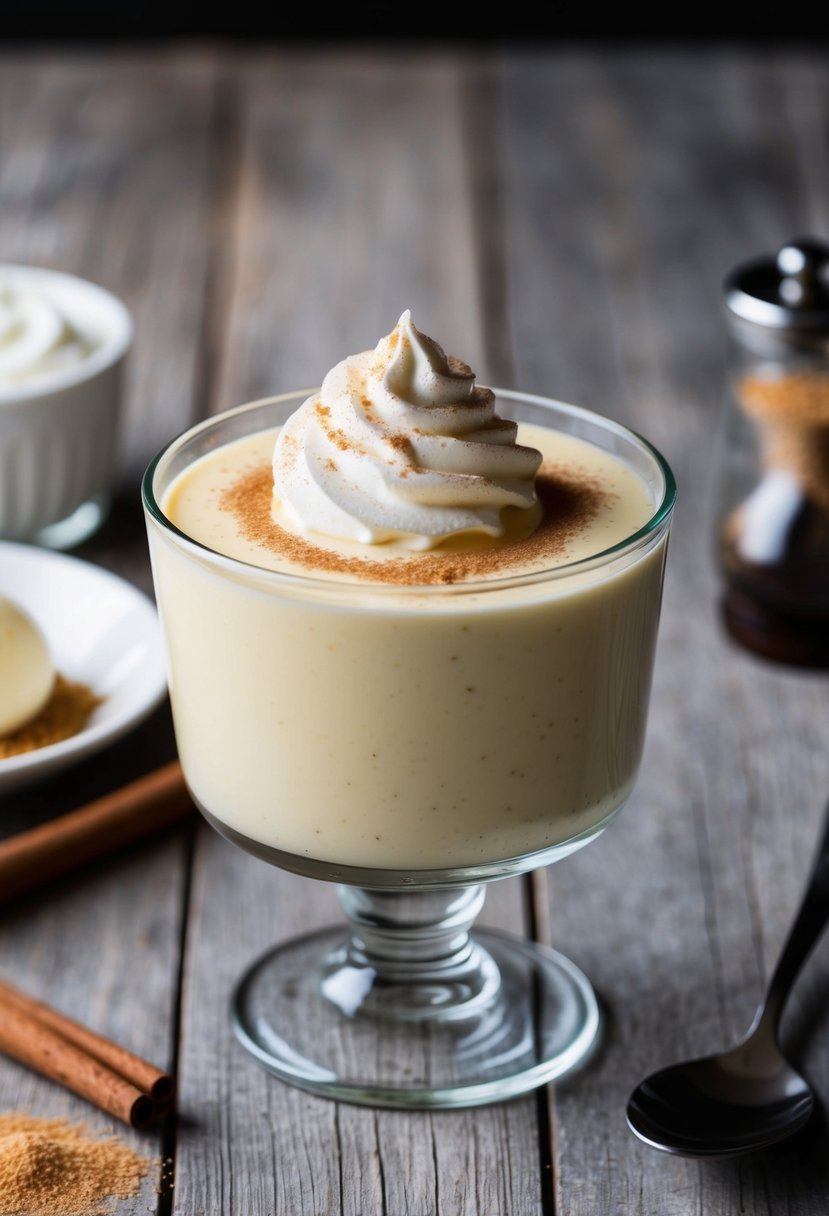 A glass bowl filled with smooth vanilla pudding, topped with a sprinkle of cinnamon and a dollop of whipped cream