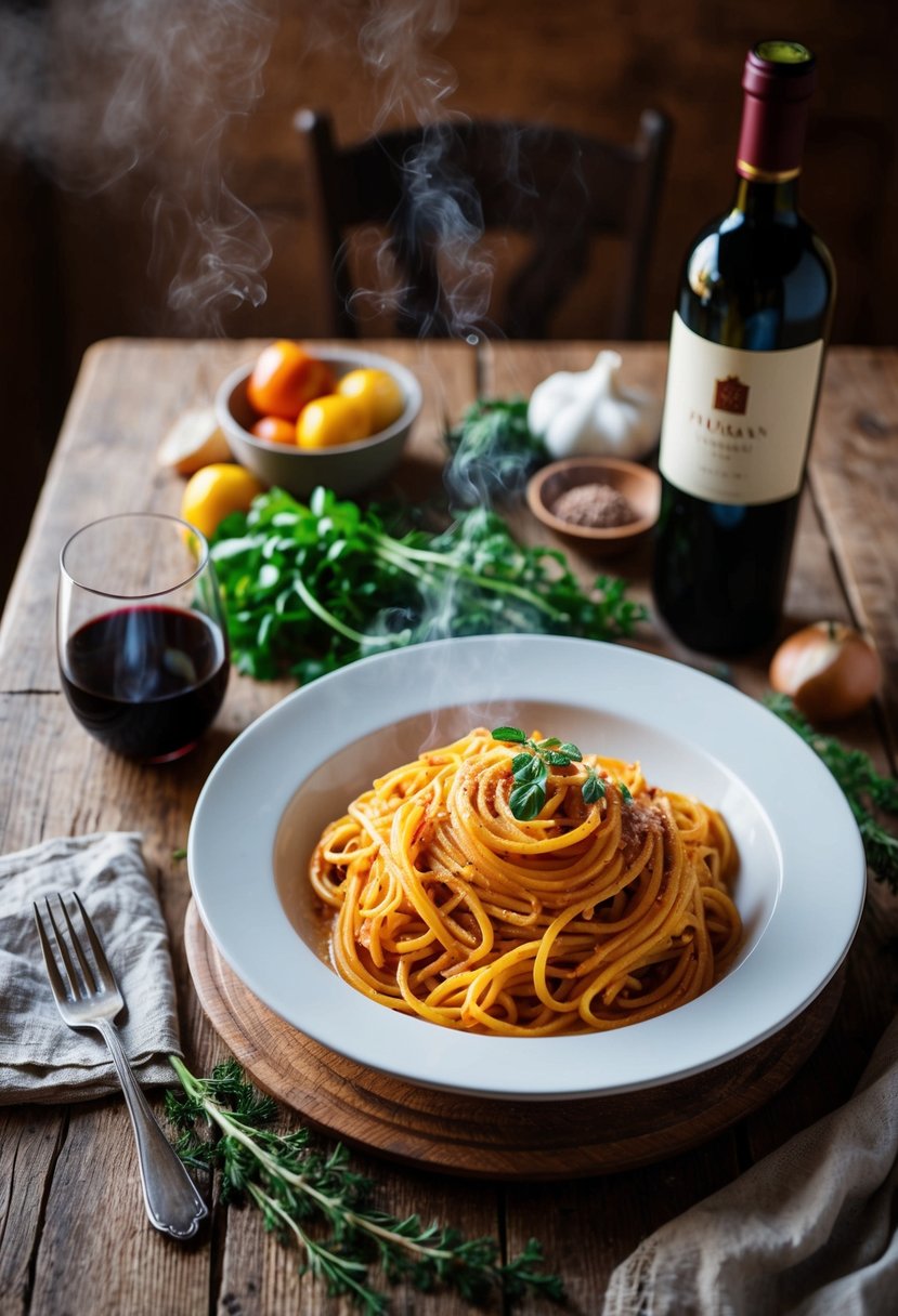 A rustic kitchen table set with a steaming plate of red wine pasta, surrounded by fresh ingredients and a bottle of wine